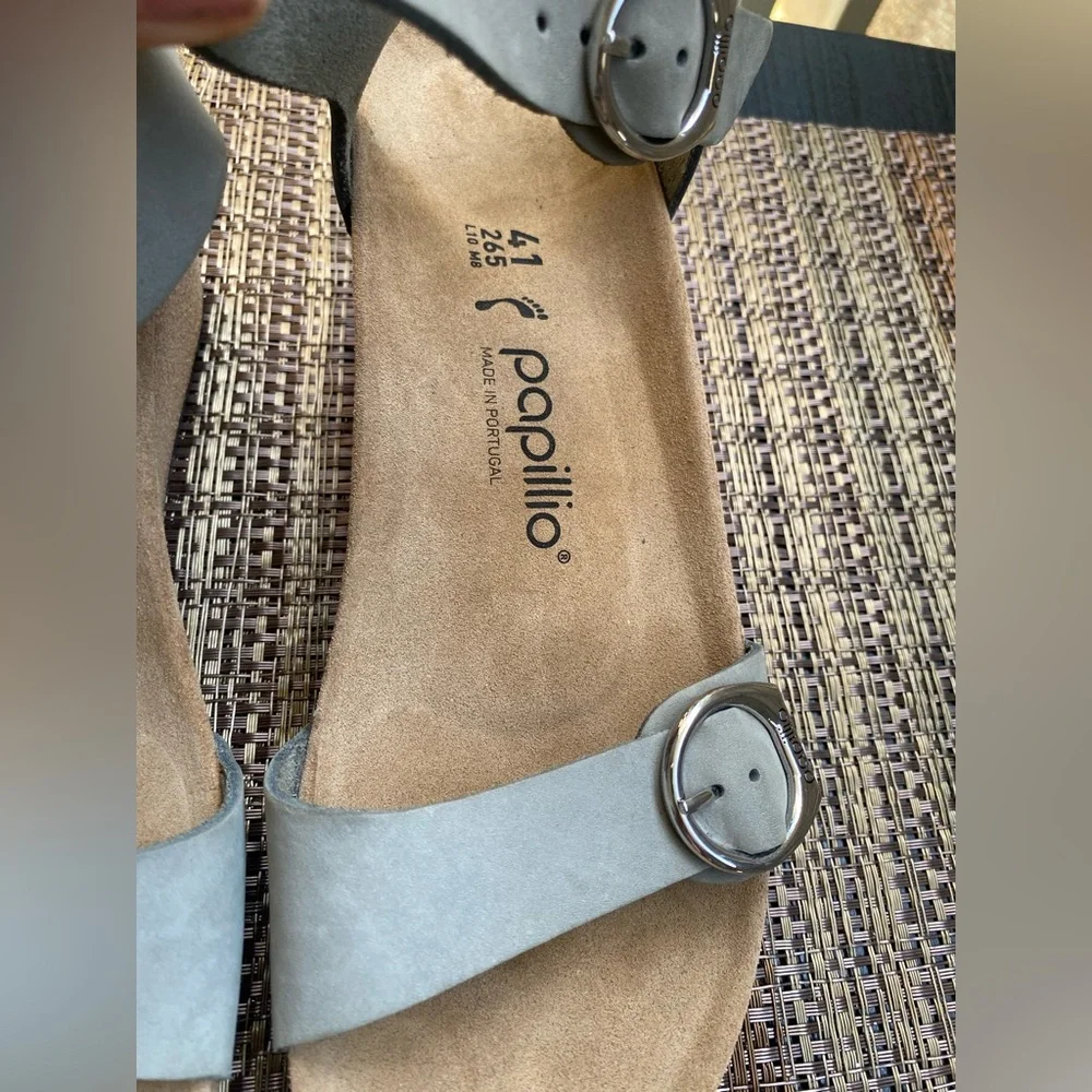 Papillio Light Gray Suede Buckle Ankle-Strap Sandals